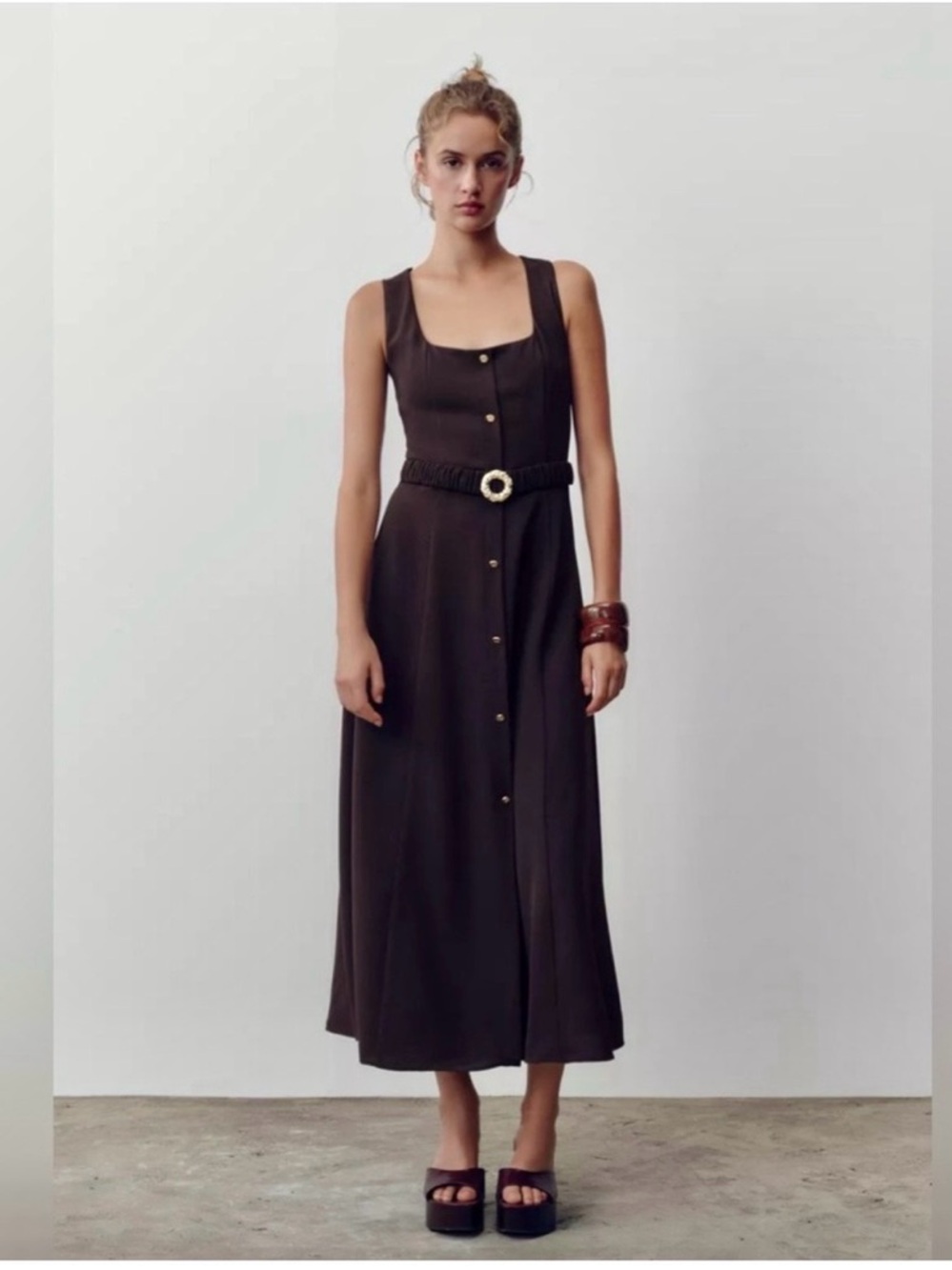 Zara Dark Brown Sleeveless Belted Midi Dress with Decorative Buckle